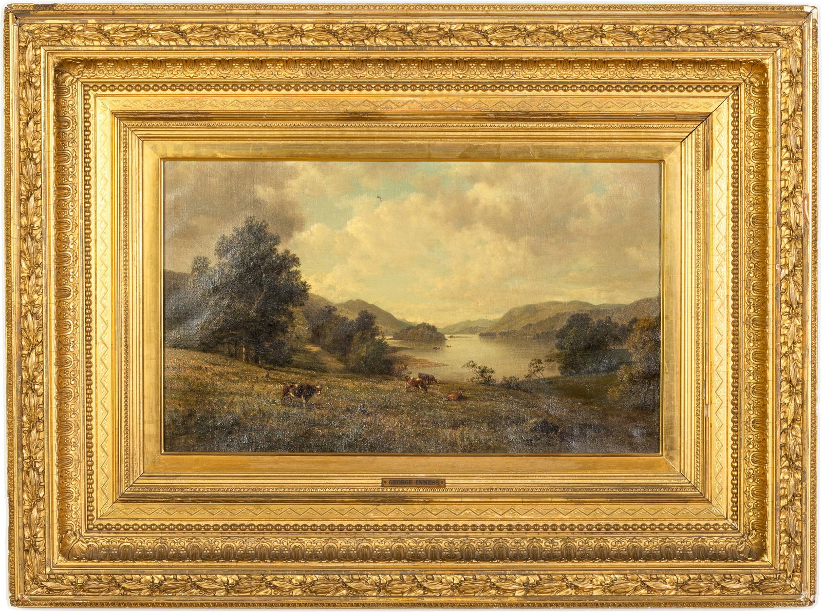 School of George Inness, Landscape with Cows, O/C: Property of a Private Collection, Hilton Head Island, SC Description: School of George Inness, Landscape with Cows and Mountains, Oil on Canvas, unsigned, depicting a landscape with lake and cows,