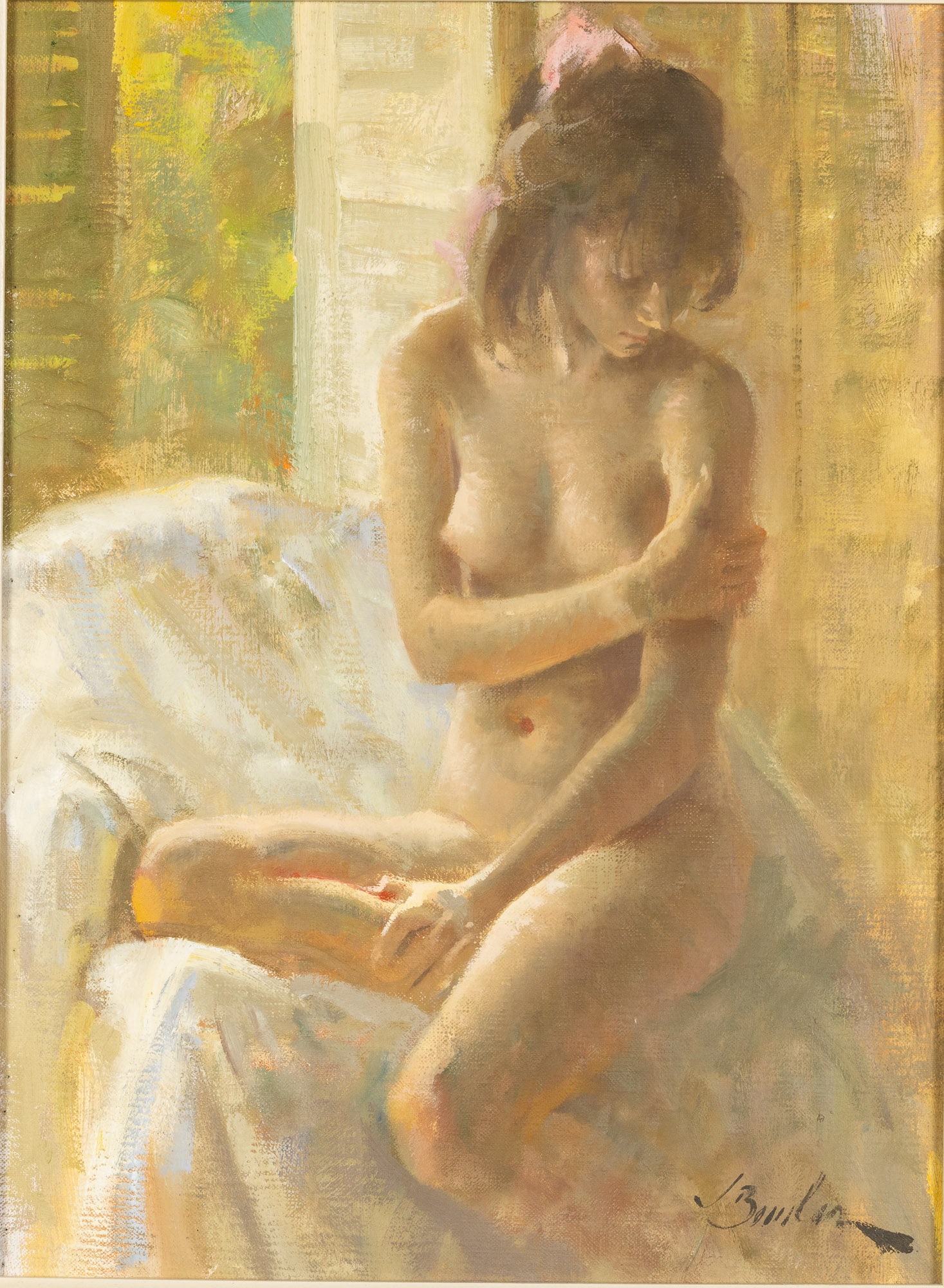 Joe Bowler (1928-2017), Seated Nude Woman, O/C: Property of a Savannah Area Private Collector Description: Joe Bowler (1928-2017), Seated Nude Woman, Oil on Canvas, signed lower right, depicting a nude woman seated by a window, in a painted woo