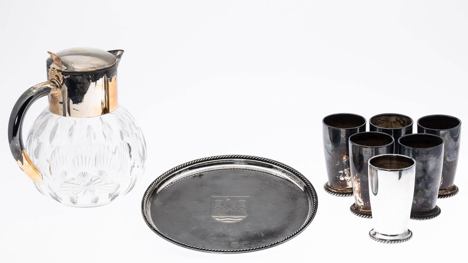 German Silver VW Tray & Cups, w Cut Glass Pitcher (1 of 19)