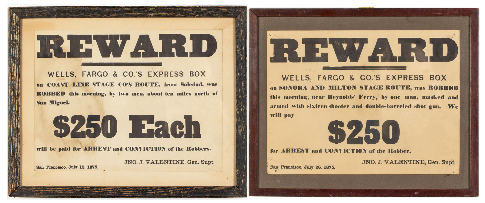 2 Wells Fargo Stage Coach Robbery Award Posters 1875: Description: 2 Wells Fargo Stage Coach Robbery Award Posters, 1875, two reward posters for robbery of Wells Fargo express boxes, the first "on Coast Line Stage Co's Route, from Soledad, was Robbe