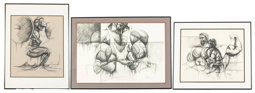 Frederick Hart, 3 Charcoal Drawings of Weightlifters: Property from a Private Collection, Hilton Head Island, SC Description: Frederick Hart (American, 1943-1999), 3 Charcoal Drawings of Weightlifters, all signed 'Hart' lower right, the first of a ma