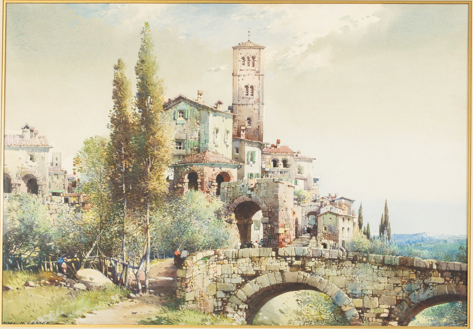 Noel H Leaver (European, 1889-1951) Near Sienna, W/C: Property from a Private Collection, Bluffton, SC Description: Noel H. Leaver (European, 1889-1951), Near Sienna, Italy, Watercolor on Paper, signed lower left, with bridge in the foreground and to