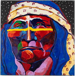 Malcolm Furlow (1946-2023), Geronimo, A/C: Property from a Savannah, Georgia Estate  Description:  Malcolm Furlow (WY/NM, 1946-2023), Geronimo, Acrylic on Canvas, signed lower left, signed, titled, numbered on verso, depicting a native Amer