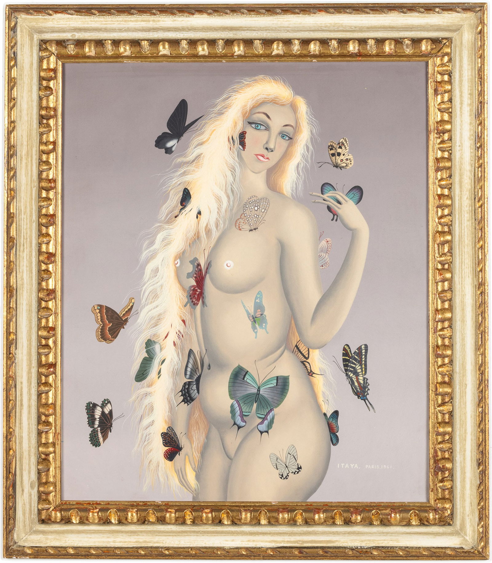 Foussa Itaya (b. 1919), Woman with Butterflies, O/C: Property from a Savannah, Georgia Estate Description: Foussa Itaya (Japan/France, b. 1919), Woman with Butterflies, Oil on Canvas, 1961, signed and inscribed 'Paris, 1961' lower right, depicting a