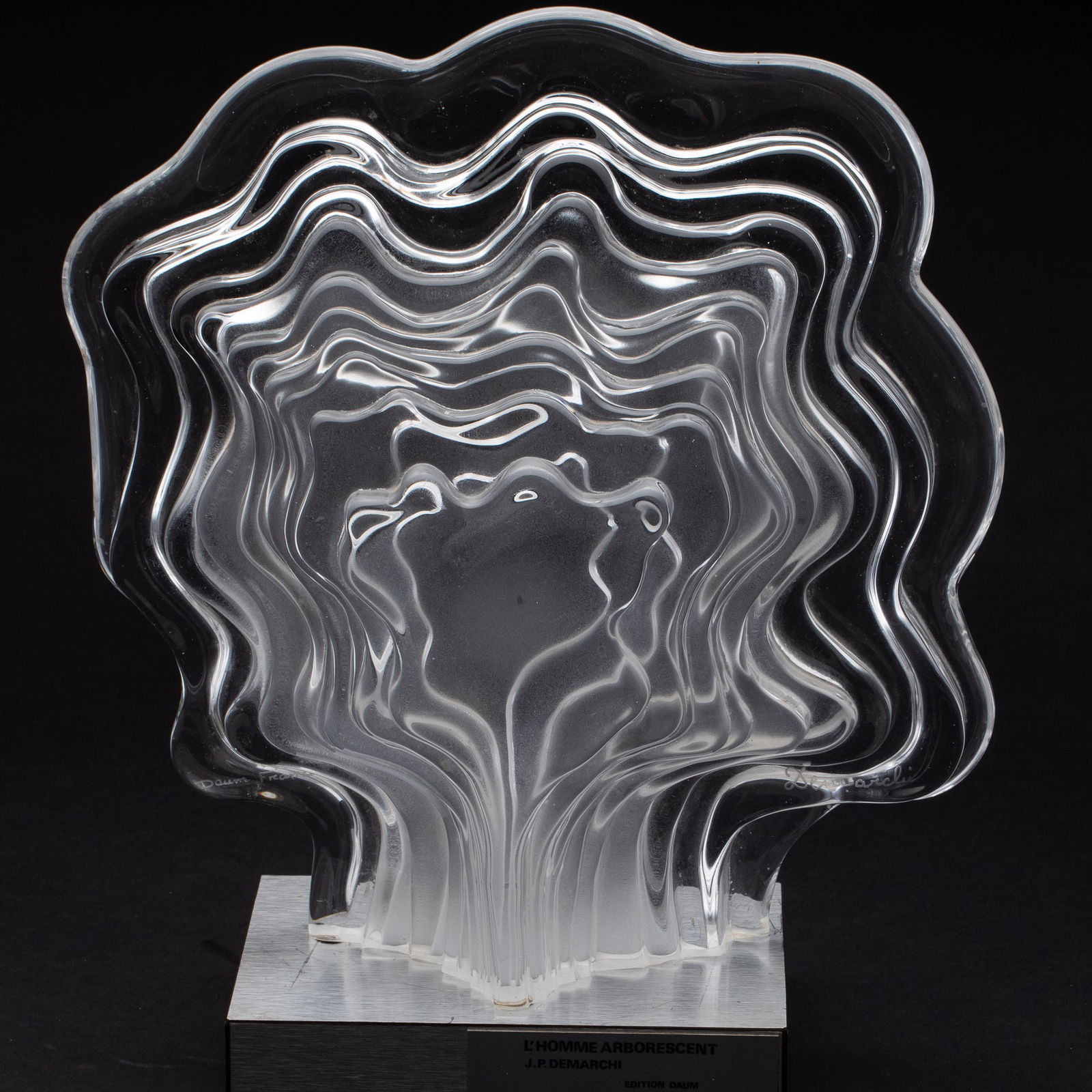 Daum Glass L'Homme Arborescent by Demarchi: Property from a Savannah, Georgia Estate Description: Daum Frosted and Clear Glass L'Homme Arborescent Sculpture by Jean Pierre Demarchi, signed Daum France on left side and Demarchi on right side