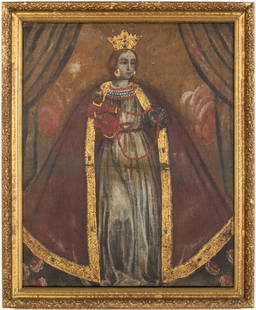 Latin American Mary Queen of Heaven, Possibly 19th C: Description: Latin American Mary Queen of Heaven, Possibly 19th C, the standing figure holding baby Jesus with red cloak and rosary, flanked by curtains, in a giltwood frame. Frame size: 33 3/4