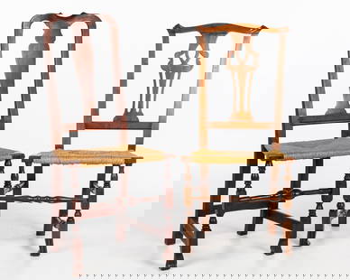 Two New England Rush Seat Side Chairs: Description: Two New England Rush Seat Side Chairs, one with vasiform splat, the other with pierced splat, each with rush seats raised on ring and block turned legs joined by stretchers.
