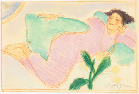 Pegge Hopper (HI, b. 1936), Reclining Woman, Pastel: Property from a Hilton Head, SC, Estate Description: Pegge Hopper (HI, b. 1936), Reclining Woman, Pastel on Paper, depicting a woman in pink reclining on a cushion with flowers, floating in a wood