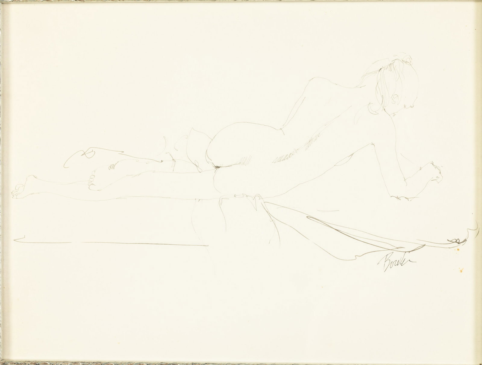 Joe Bowler (NY/SC, 1928-2017) Nude Study, Pen & Ink: Property from a Hilton Head, SC, Estate Description: Joe Bowler (NY/SC, 1928-2017), Nude Study, Pen and Ink, signed lower right, study of a reclining nude, matted and framed, with Pink House Galle