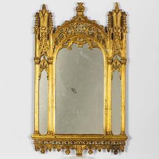 Gothic Style Gilt Metal Mirror, 19th Century: Description: Gothic Style Gilt Metal Mirror, 19th Century, with central arch flanked by smaller arches. Measurements: Height: 13 in. x Width: 8 1/8 in.