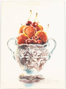 Marty Whaley Adams, Fruit in Bowl, W/C on Board: Property from the Collection of Belinda McLain and the Estate of Hector Dewart  Description:  Marty Whaley Adams (SC, 21st C), Fruit in a Bowl, Watercolor on Board, pencil signed, dated '1991', and