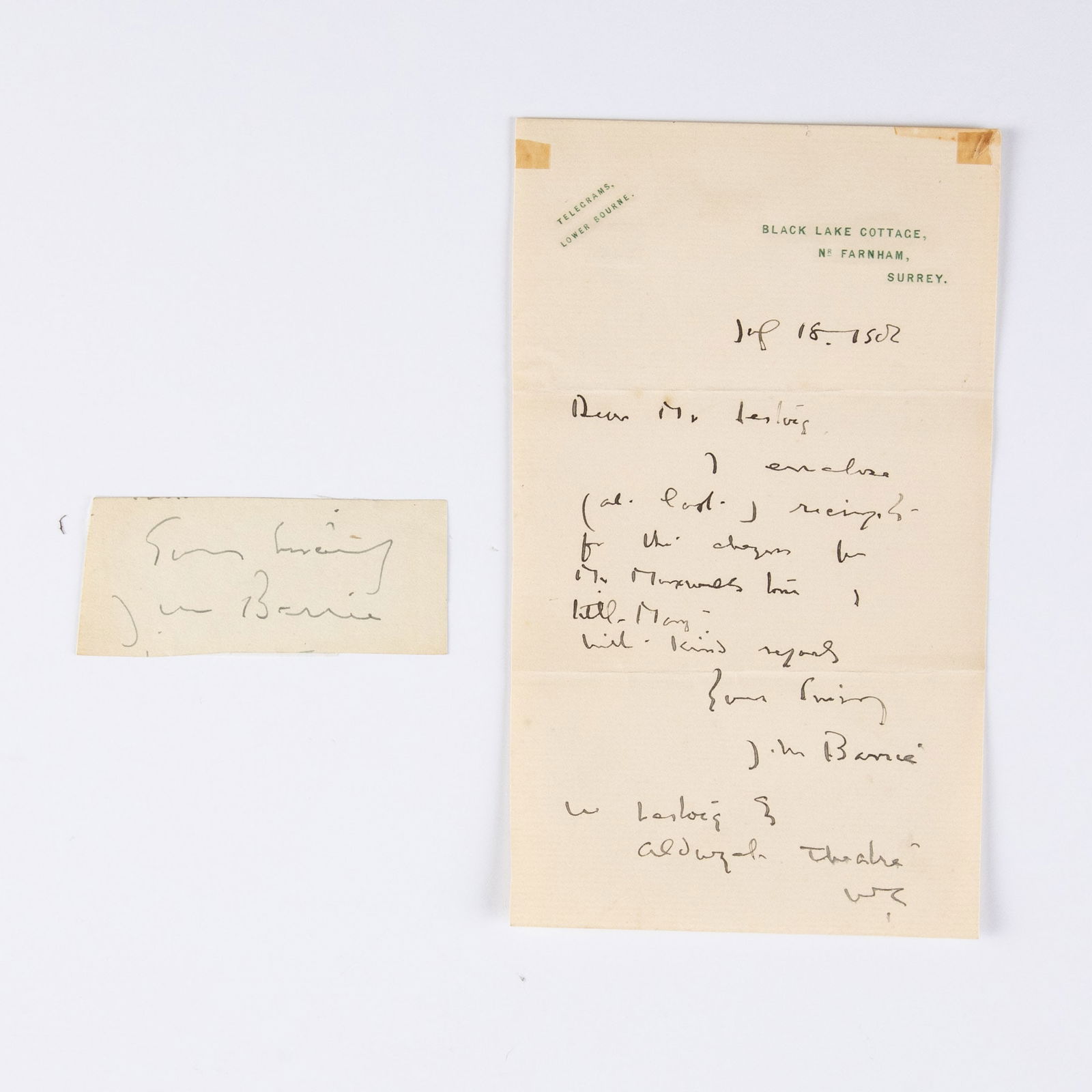 Barrie, Sir James M. (186-1937) Note and Signature (1 of 3)