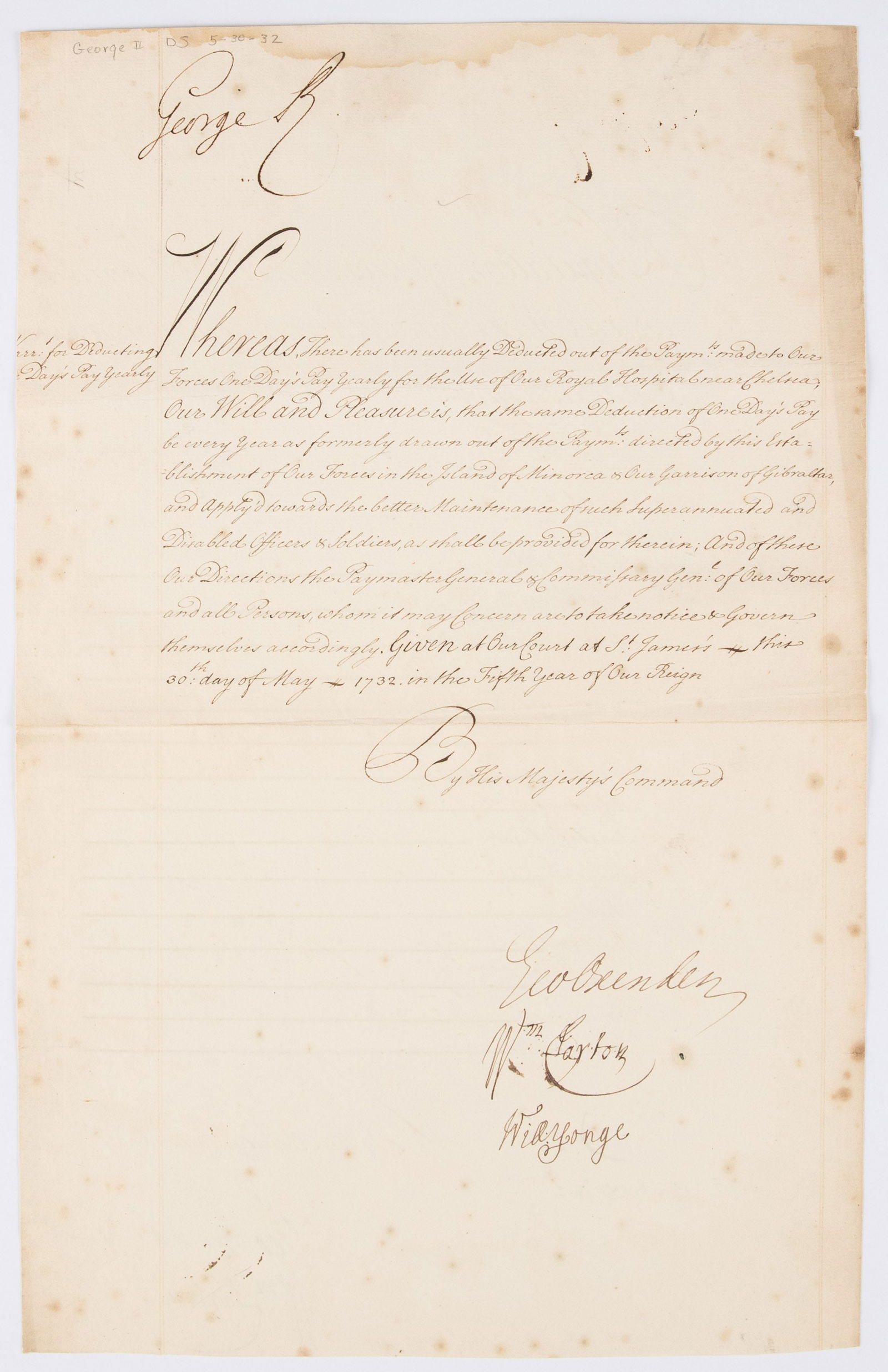 George II (1683-1760) Manuscript Doc. Signed, 1732 (1 of 5)