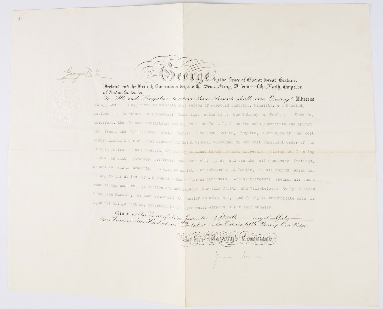 George V (1865-1936) Document Signed (1 of 5)