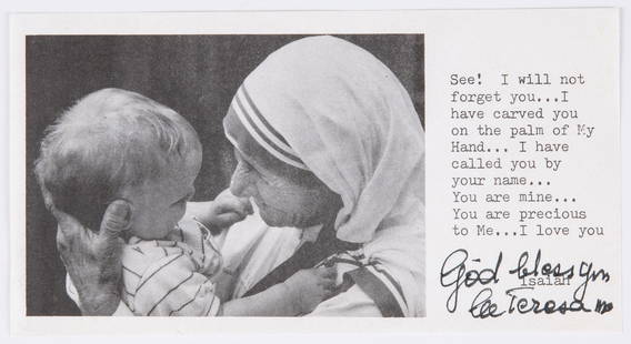 Mother Teresa (1910-1997) Signed Prayer Card: Property from the Estate of William H. Rasch  Description:  Mother Teresa (1910-1997) Signed Prayer Card, signed and inscribed prayer card, stamped 'Missionaries of Charity' and 'Jurgen HohmannÉ' on