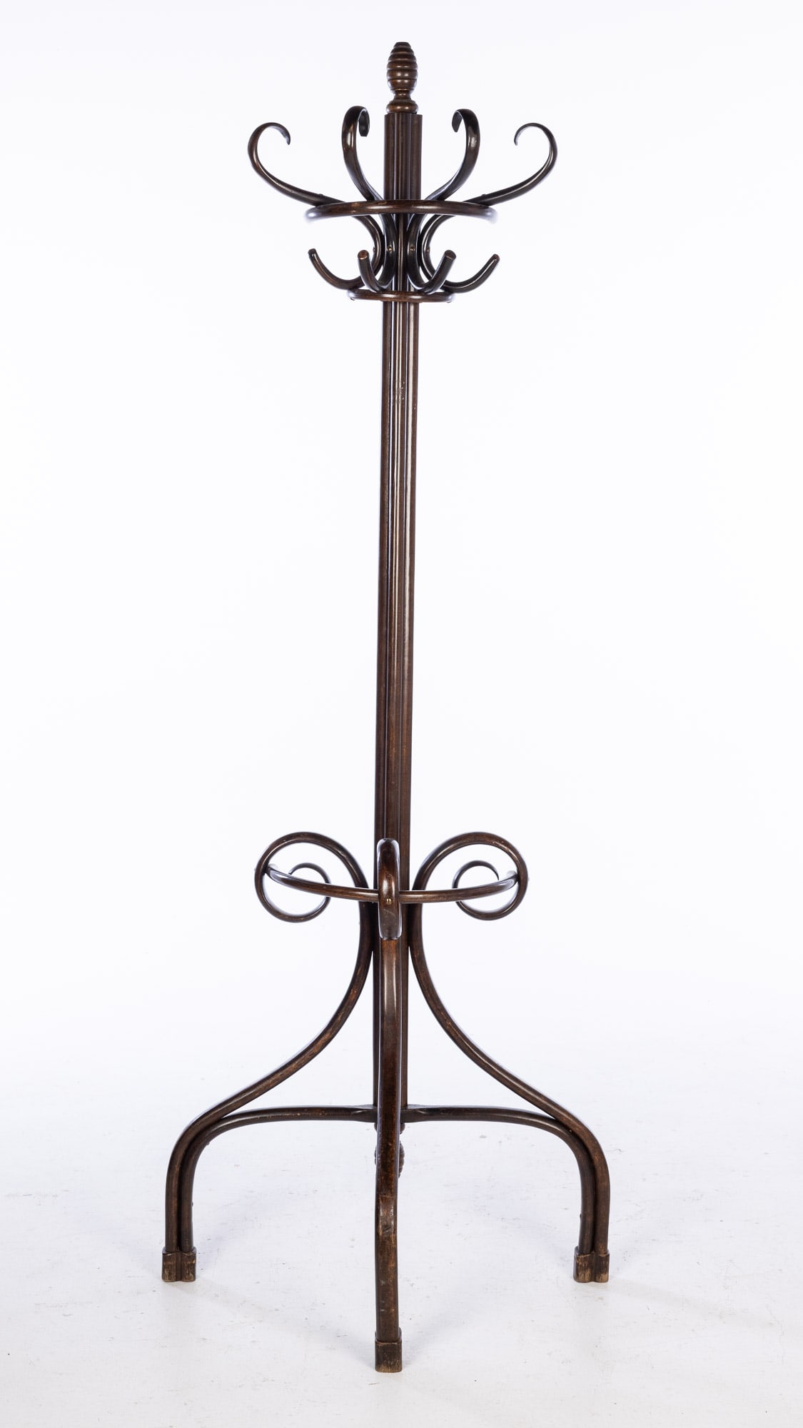 Bentwood Stained Beechwood Hall Stand: Description: Bentwood Stained Beechwood Hall Stand, with four scrolled hooks, made to fit flush to the wall. Measurements: Height: 79 in. x Width: 29 1/2 in. x Depth: 15 in.