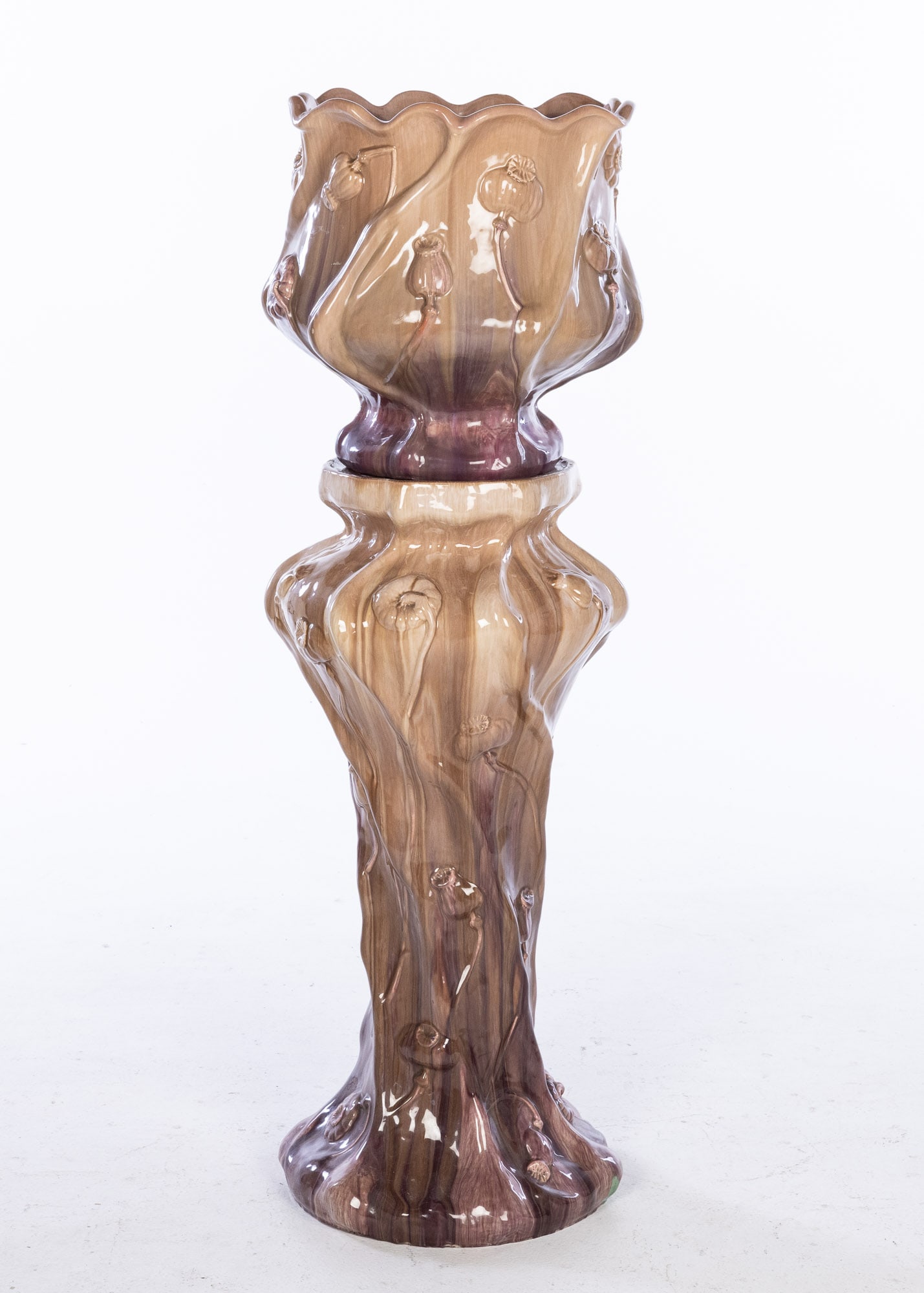 Jerome Massier Lallauris Majolica Planter on Stand: Description: Jerome Massier Lallauris French Art Nouveau Majolica Planter on Stand, the shaped floral planter with scalloped rim, on a similarly decorated pedestal support, stamped with maker's m