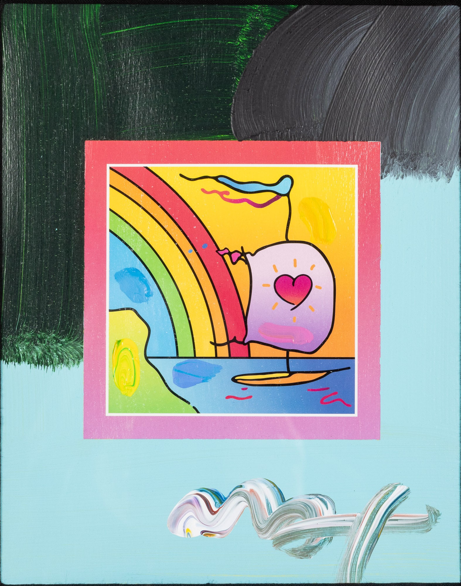 Peter Max (b. 1937) Sailboat with Heart, Mixed Media: Property from a Richmond Hill, GA Estate Description: Peter Max (German-American, b. 1937), Sailboat with Heart, Mixed Media, signed lower right, with a sailboat and rainbow in a pink box on a blu