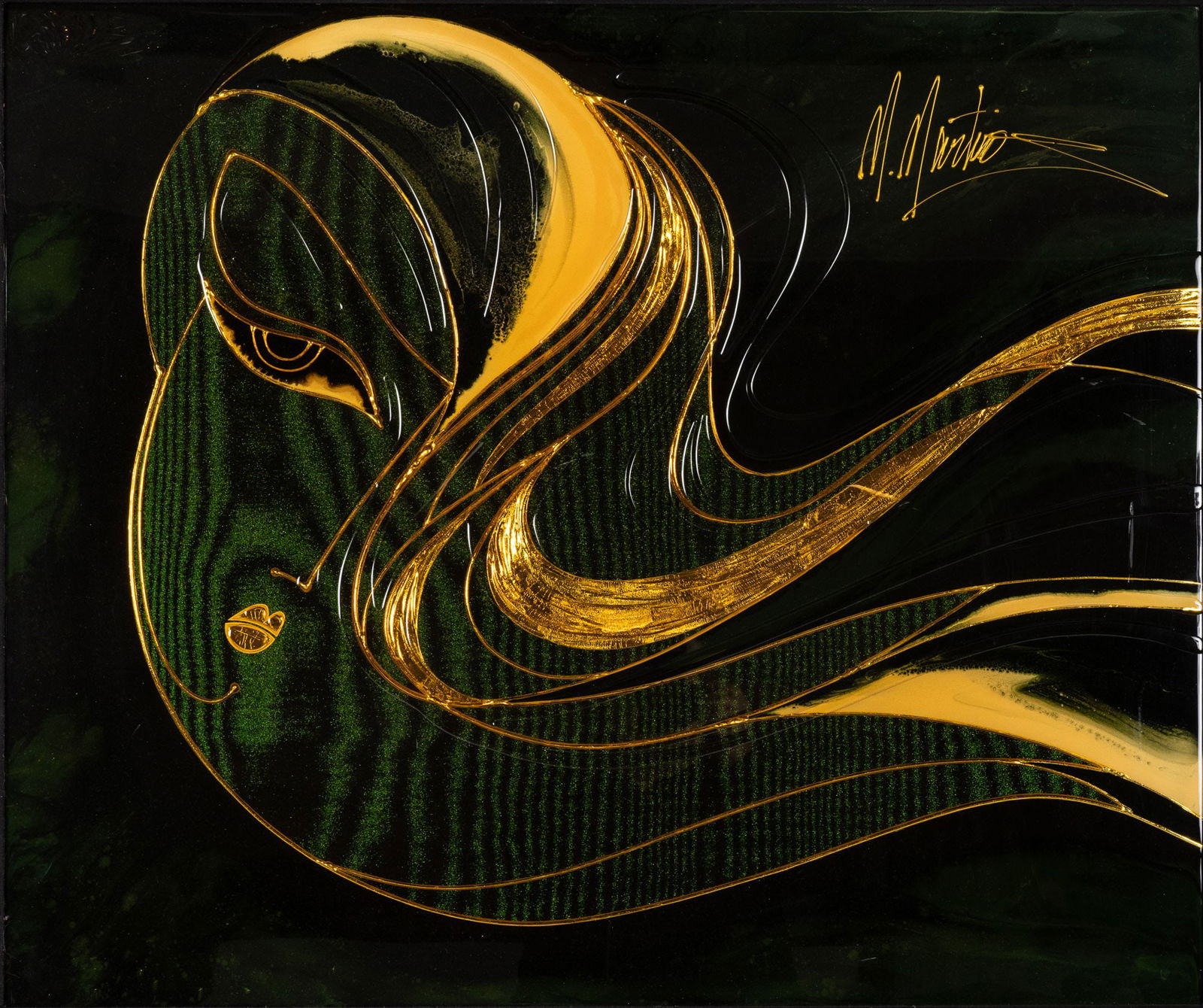 Martiros Manoukian, Face, Mixed Media: Property from a Richmond Hill, GA Estate Description: Martiros Manoukian, Face, Mixed Media, signed upper right, abstract depiction of a woman's face in gold on a green ground, in a giltwood frame