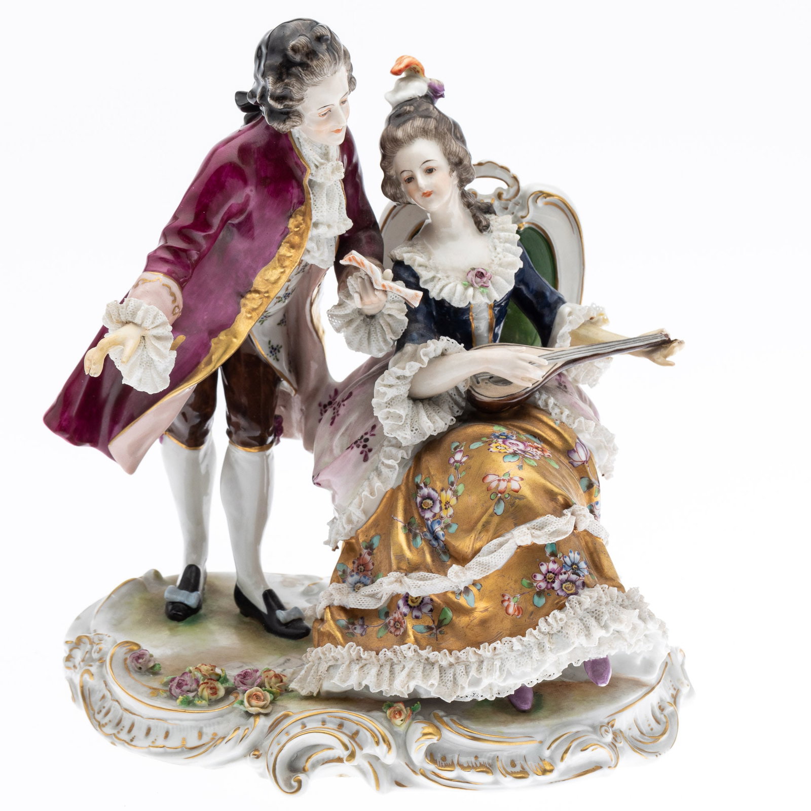 Volkstedt Porcelain Figural Group: Property from the Collection of Scott L. Sandler, Hilton Head Island, SC Description: Volkstedt Porcelain Figural Group, with seated woman playing a string instrument and standing man holding musi