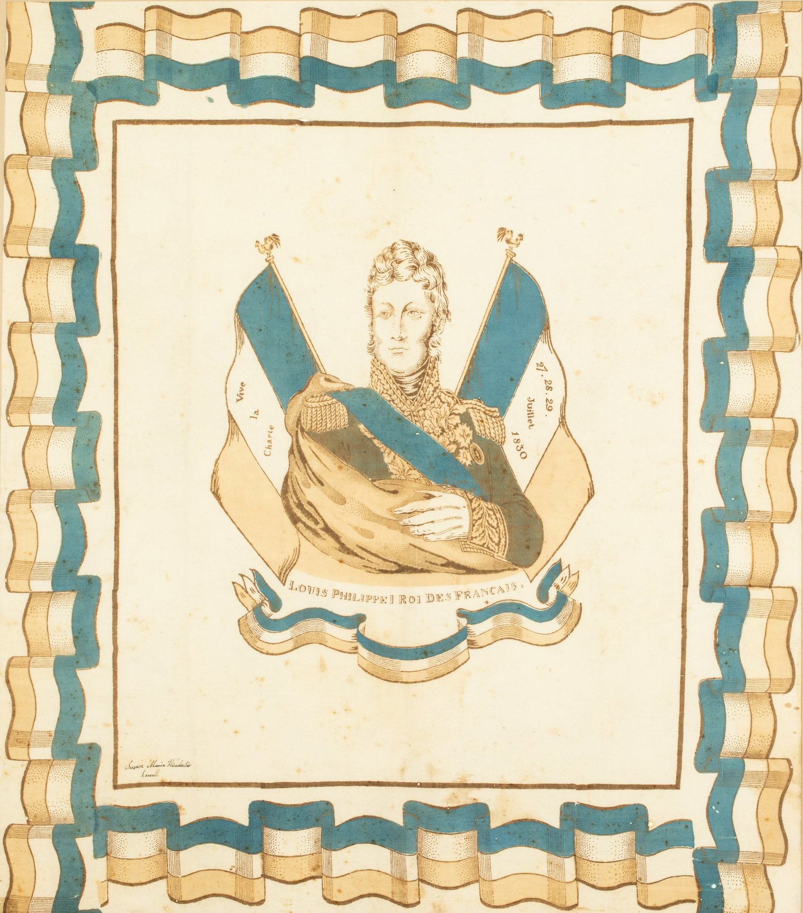 Louis Philippe July Revolution Wall Hanging, c. 1830: Property from a Private Collector, Savannah, GA Description: Louis Philippe July Revolution Wall Hanging, c. 1830, signed 'Susan Maria Winchester, Loovell' lower left, depicting Louis Philippe I