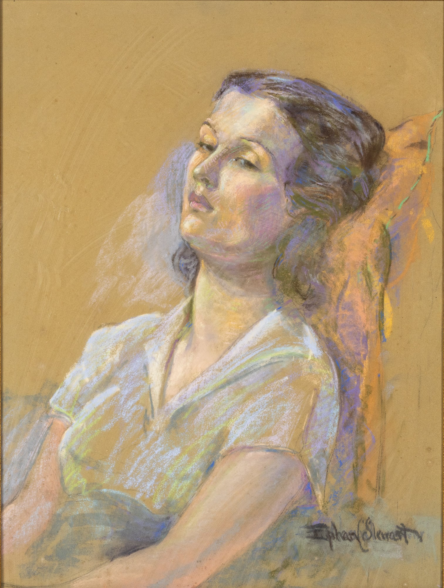 Epham Stewart, Portrait of a Woman, Pastel: Property of a Private Collector, South Carolina Description: Epham Stewart, Portrait of a Woman, Pastel, signed lower right, portrait of a seated woman with dark hair, Z art group label on verso,