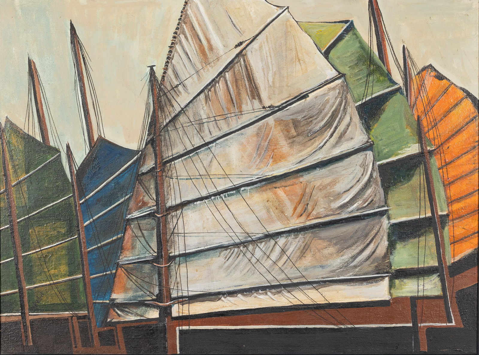 Maryann Matlock (CA), Sails, Oil on Canvas: Property of Darleen F. Sullivan, Savannah, GA and Naples, FL Description: Maryann Matlock (CA), Sails, Oil on Canvas, signed "M Matlock" lower left corner, depicting the battened sails of Chinese