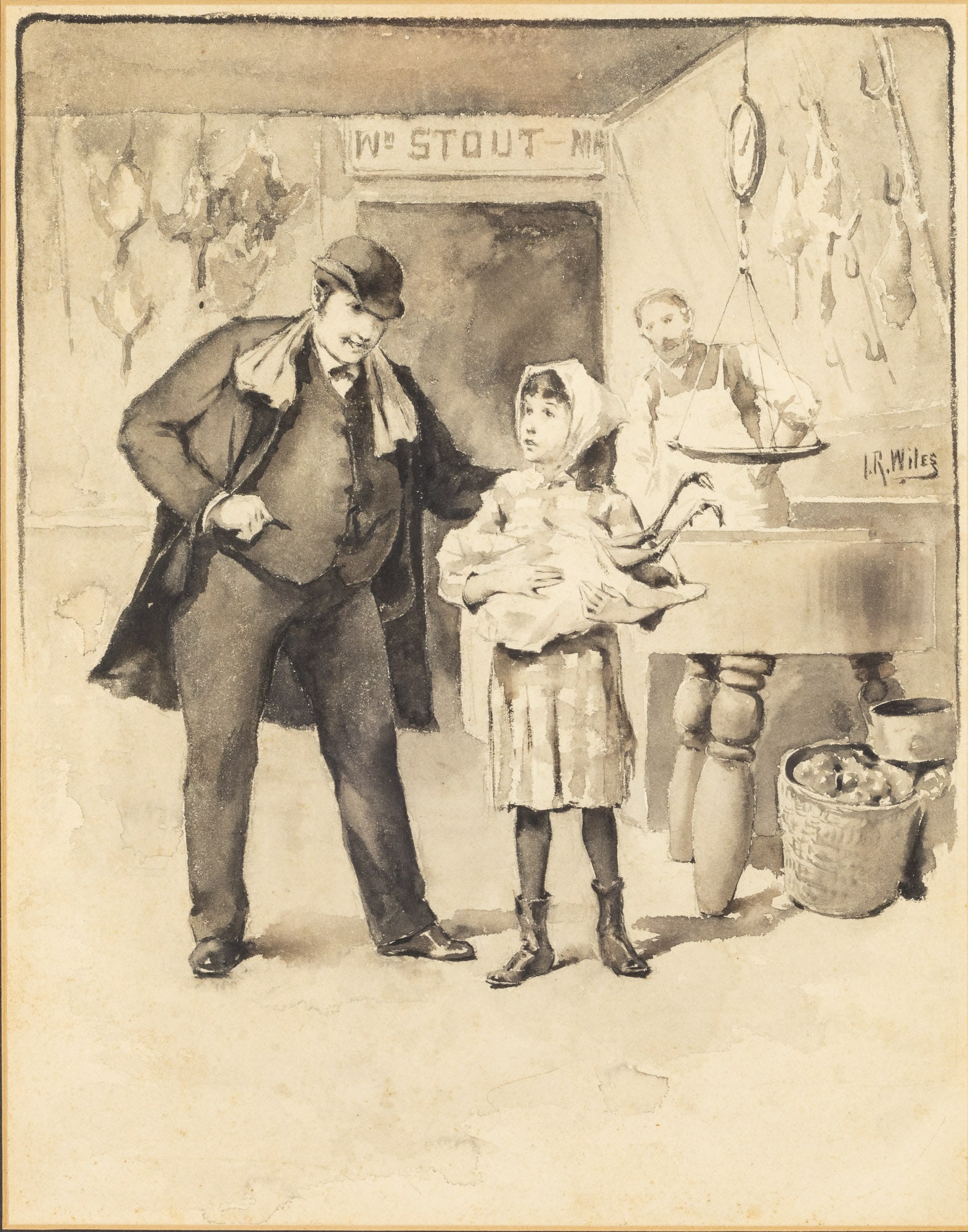 Irving Ramsey Wiles (1861-1948), Butcher Shop, W/C: Property from a Savannah, GA Estate Description: Irving Ramsey Wiles (American, 1861-1948), In the Butcher Shop, Watercolor, c. 1905, signed middle right edge, depicting a man standing with a youn