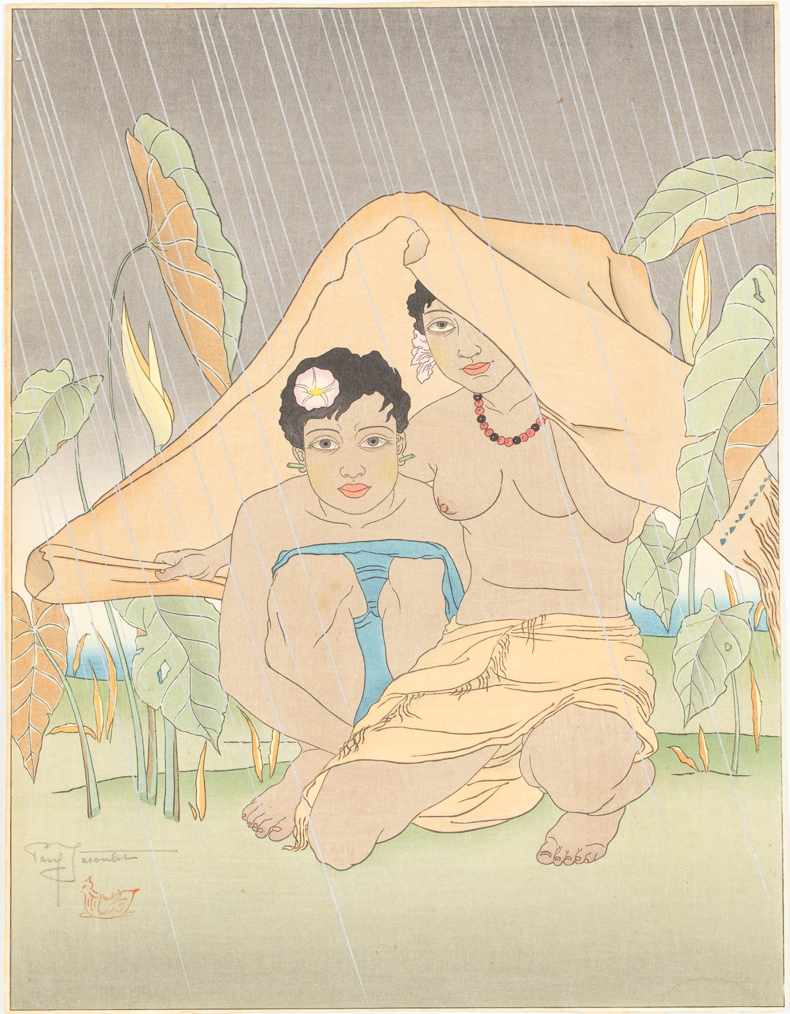 Paul Jacoulet, Sheltering from Rain, Woodblock (1 of 8)