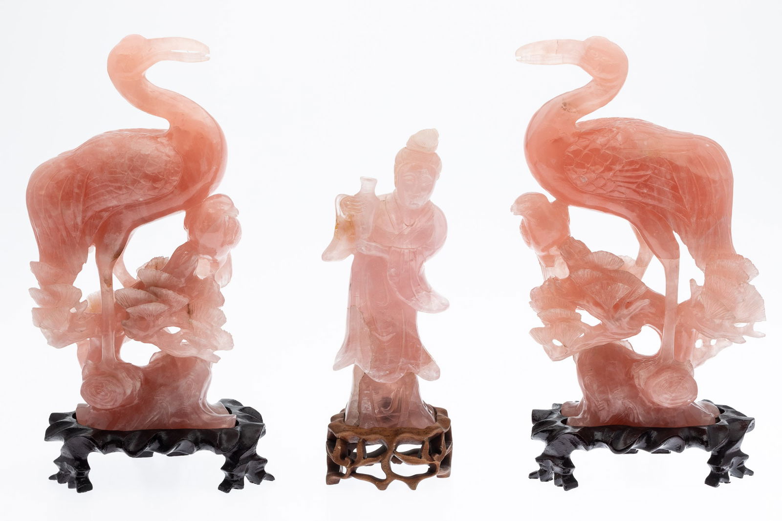 Pair of Chinese Rose Quartz Birds and A Figure (1 of 20)