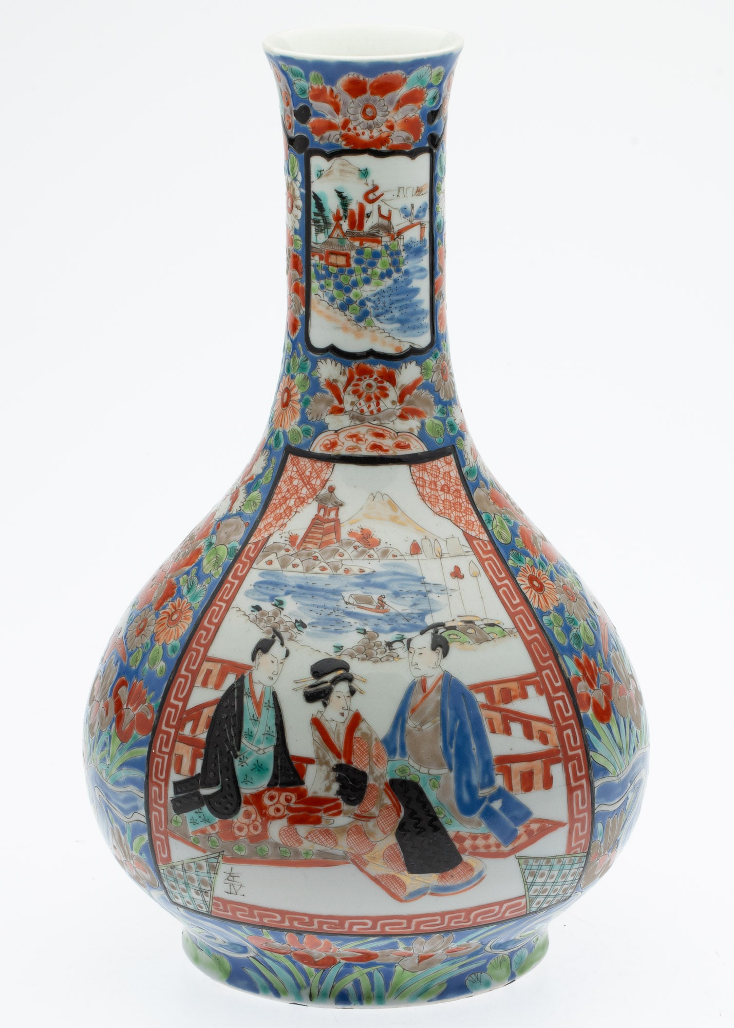 Japanese Imari Bottle Vase: Property from the Estate of Jeannie Sims, Savannah, GA and Charleston, SC Description: Japanese Imari Bottle Vase, of characteristic form, decorated with scenes of figures and landscapes with bird