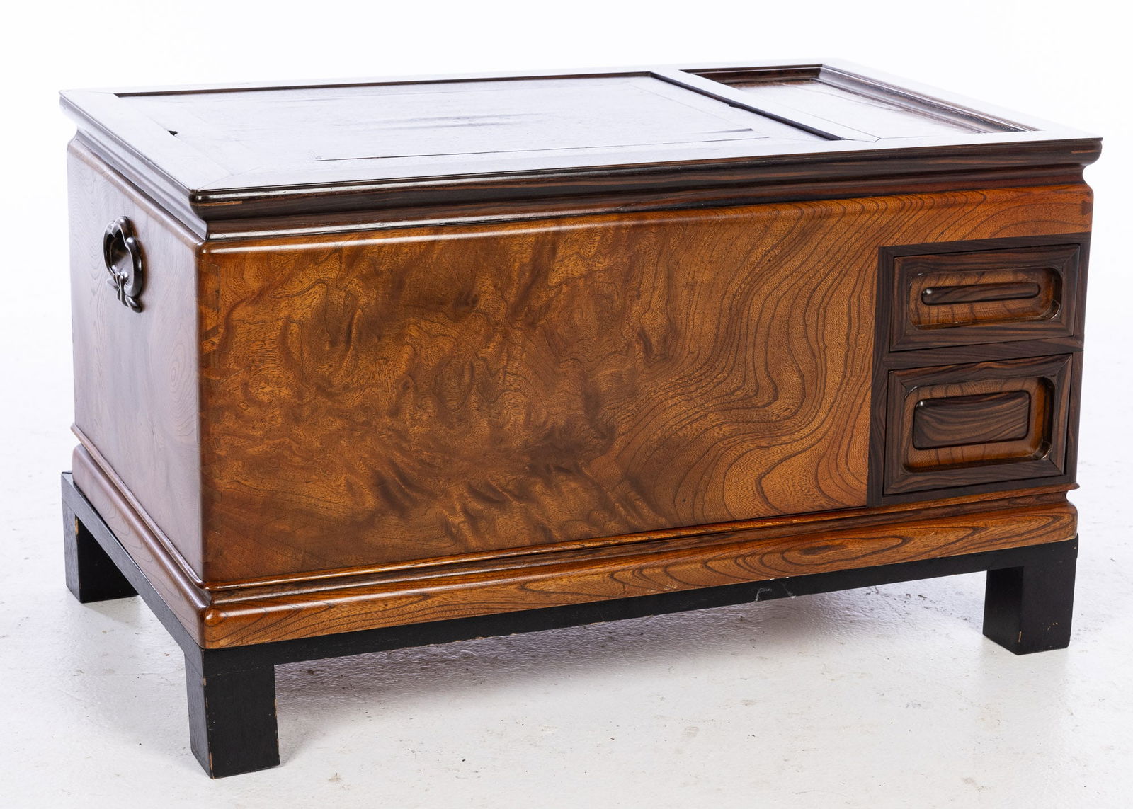 Japanese Hardwood Hibachi, Probably Meiji Period: Property from the Estate of a Former General Electric International Executive, Hilton Head Island, SC Description: Japanese Hardwood Hibachi, Probably Meiji Period, with 2 panel inset top revealin