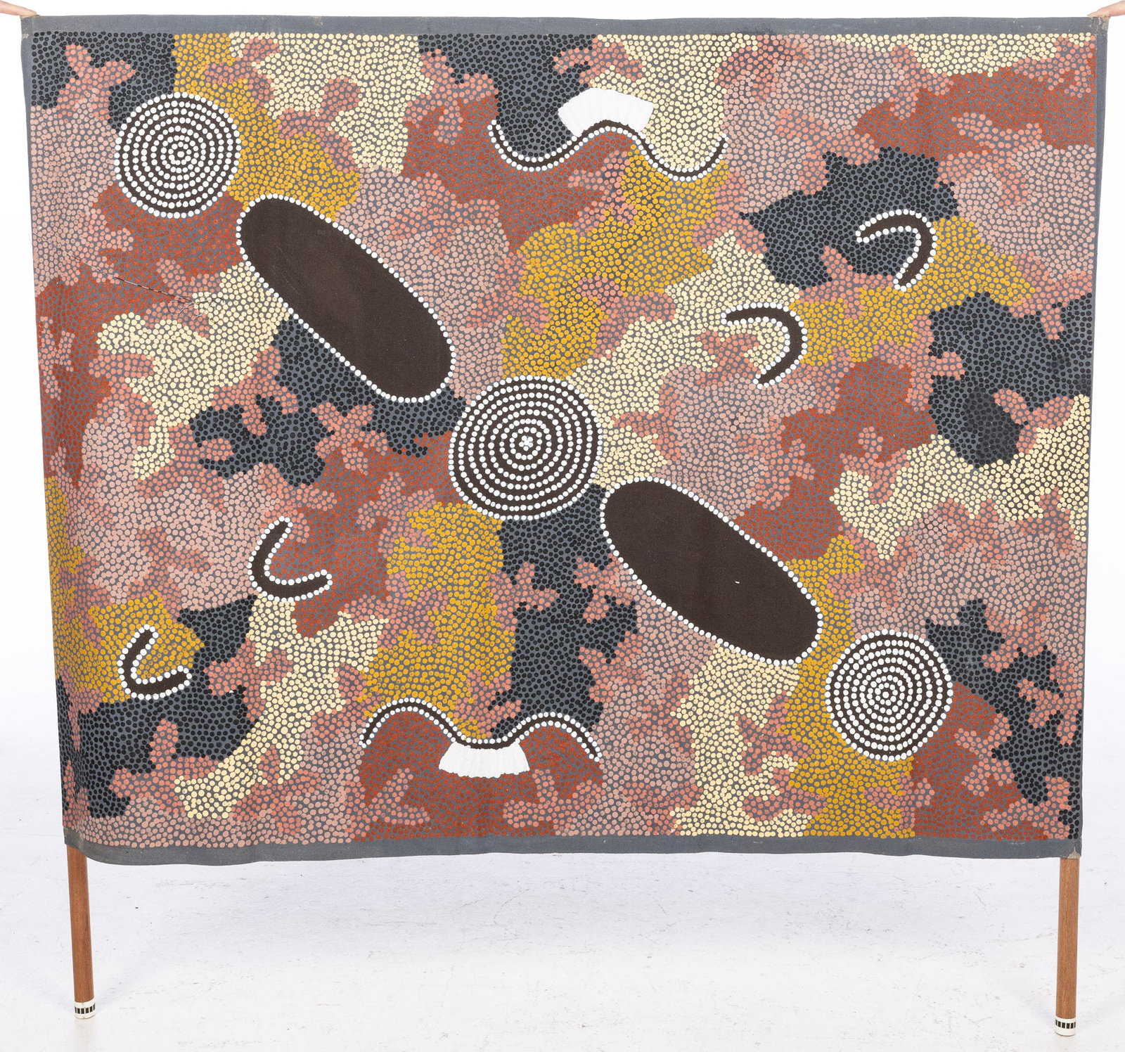 Lilly Norman (Luritja, b. 1958), Aboriginal Banner: Property of Darleen F. Sullivan, Savannah, GA and Naples, FL Description: Lilly Norman (Luritja, b. 1958), Aboriginal Painted Banner, signed on verso and numbered 881216, with the ends mounted to