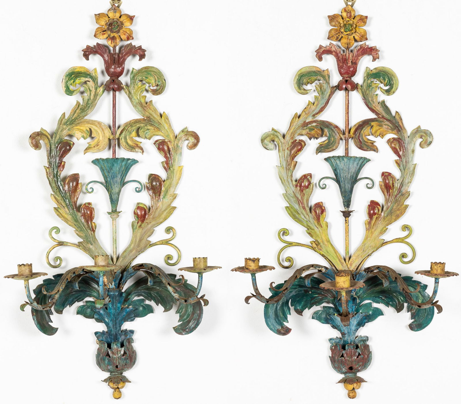 Pair of Painted Tole and Wrought Iron Wall Sconces (1 of 13)