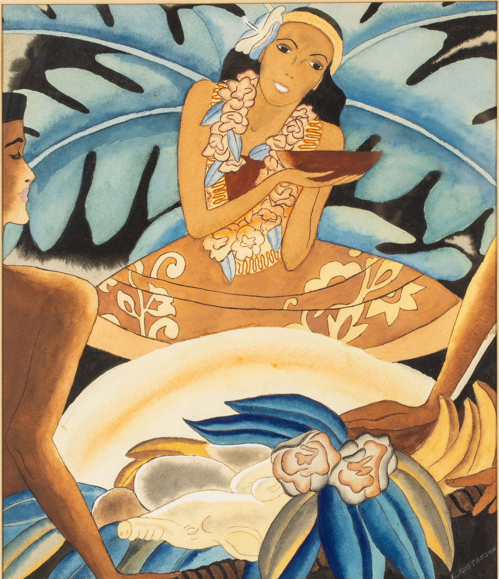 After Frank Macintosh, Island Girl, Watercolor: Property of a Florida Collector Description: L. Gustafson, Island Girl, Watercolor, After Frank Macintosh with Vintage Cards, watercolor signed L. Gustafson lower right, depicting a seated woman,