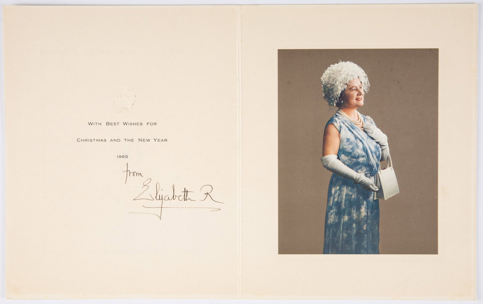 Elizabeth, The Queen Mother, Card Signed, 1965: Property from the Estate of William H. Rasch Description: Elizabeth, The Queen Mother (1900-2002), Christmas Card, Signed, 1965, holiday card signed, with colored photo of the Queen Mother, with g