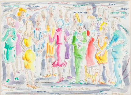 Betty Lowe (GA, 20th/21st C), Cocktail Party, W/C: Property from a Private Collection, Saint Simons Island, GA  Description:  Betty Lowe (GA, 20th/21st C), Cocktail Party, Watercolor, signed lower right, depicting various figures with amusing though