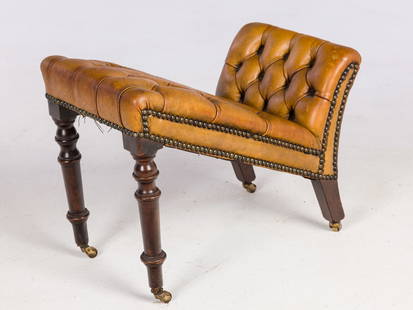 Regency Style Mahogany & Leather Gout Stool, 20th C: Property of a Private Collector, Savannah, GADescription: Regency Style Mahogany and Leather Gout Stool, 20th C, with tufted leather upholstery.Measurements: Height: 16 in. x Width: 19 in.12 in.