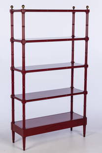 Drexel Faux Bamboo Painted Etagere: Property from a Private Collector, New York City  Description:  Drexel Faux Bamboo Painted Etagere, red painted faux bamboo etagere with five shelves and brass finials, labeled on underside.