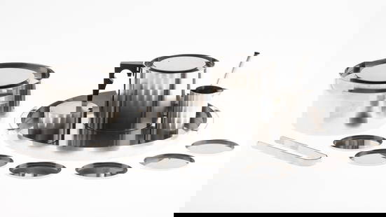 Arne Jacobsen for Stelton Stainless Steel Tea Set: Property of Richard Hanna & Byron (Steve) Dunham, Chicago and SavannahDescription: Arne Jacobsen for Stelton Stainless Steel Tea Set, comprising a tea pot, creamer, lidded sugar, ice bucket with