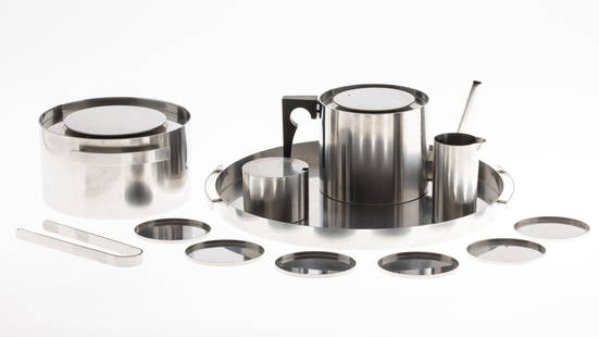 Arne Jacobsen for Stelton Stainless Steel Tea Set: Property of Richard Hanna & Byron (Steve) Dunham, Chicago and Savannah  Description:  Arne Jacobsen for Stelton Stainless Steel Tea Set, comprising a tea pot, creamer, lidded sugar, ice bucket with