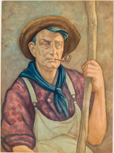 Unsigned, Regional School, Portrait of a Farmer, W/C: Property of Darleen F. Sullivan, Savannah, GA and Naples, FL  Description:  Unsigned, Regional School, Portrait of a Farmer, Watercolor, matted and in a wood frame. Frame size: 22 3/8 in. x 18 3/8 i