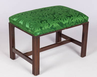 George III Style Mahogany Stool, 20th C: Property of a Private Collector, Savannah, GA  Description:  George III Style Mahogany Stool, 20th C, the green silk brocade upholstered seat raised on square chamfered legs joined by stretchers.