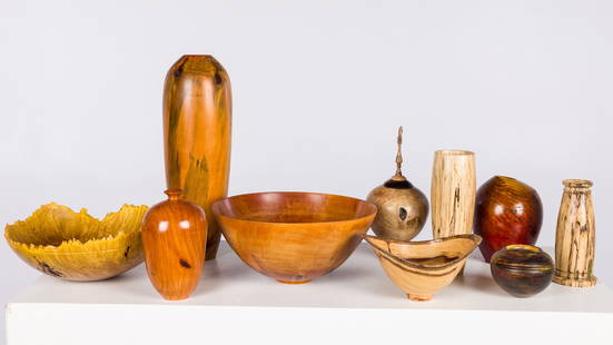 Group of 10 Turned Wood Bowls and Vases: Property from a Savannah, GA Estate  Description:  Group of 10 Turned Wood Bowls and Vases, comprising a 11 1/2 in. bowl signed and inscribed 'T. Gattis, Maple Burl, 3-2009' on underside (hairline c