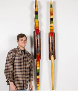 John Geldersma (LA), Tree Shields,  Painted Wood: Description:  John Geldersma (LA, b. 1942), Tree Shields, Painted Wood, one signed and titled on the back. John Geldersma is an American sculptor known for his wood carved totems. Gelders