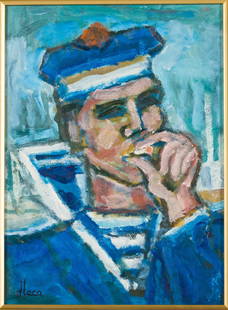 Dominique Leca (French, b. 1938), Mariniere, Oil: Description:  Dominique Leca (French, b. 1938), Mariniere, Oil on Paper, signed lower left, portrait of a sailor smoking a cigarette, with Certificate of Authenticity from Global Fine Art, with li