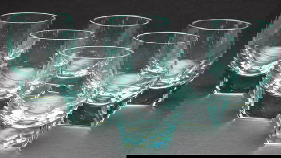 6 Turquoise Moser Lowball Glasses: Property of Marguerite Bousquet-WilliamsonDescription: 6 Turquoise Moser Lowball Glasses, all with Moser marks on bottoms.Measurements: Height: 3 1/8 in. x Width: 2 5/8 in.