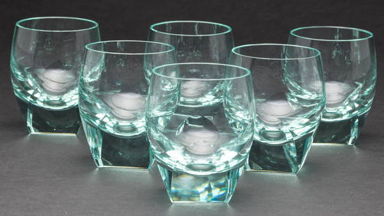 6 Turquoise Moser Lowball Glasses: Property of Marguerite Bousquet-Williamson Description: 6 Turquoise Moser Lowball Glasses, all with Moser marks on bottoms. Measurements: Height: 3 1/8 in. x Width: 2 5/8 in.