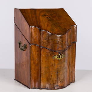 George III Inlaid Mahogany Knife Box, 18th C: Property of the Estate of Anne P. West, Savannah, GA  Description:  George III Inlaid Mahogany Knife Box, 18th C, the hinged top opening to slotted interior, with star shaped inlay on lid, with bras