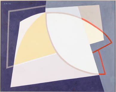 Seymour Zayon (PA, b. 1930), Geometric Abstract, O/B: Property of Darleen F. Sullivan, Savannah, GA and Naples, FL Description: Seymour Zayon (PA, b. 1930), Geometric Abstract, Oil on Canvas Board, signed upper left, abstract in tones of blue, grey,